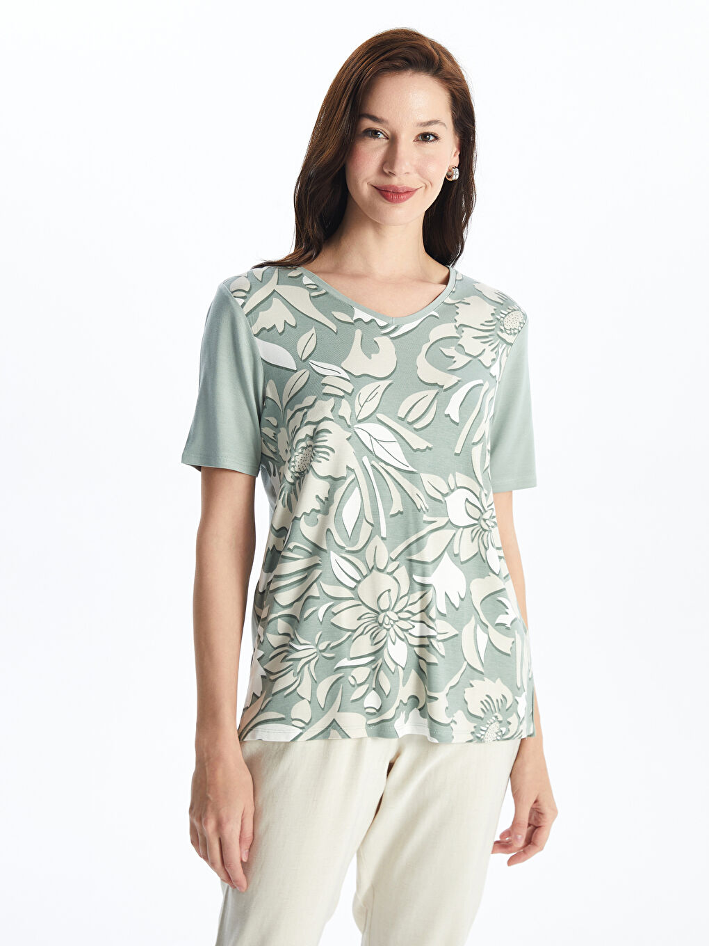V Neck Patterned Short Sleeve Women's T-shirt -S4JA28Z8-LRL