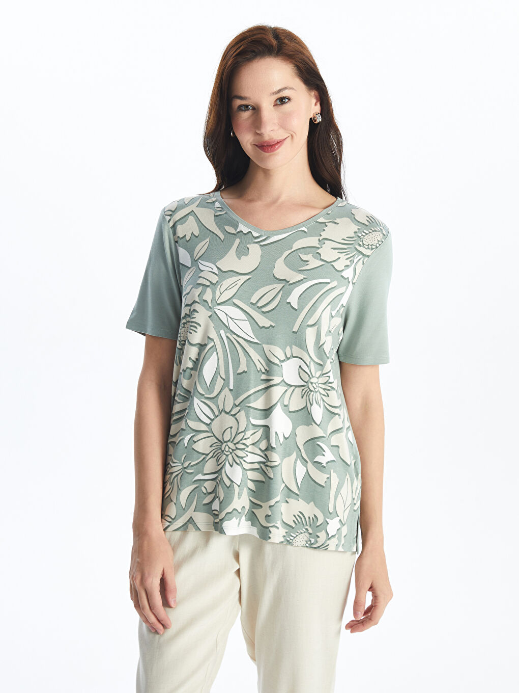 V Neck Patterned Short Sleeve Women's T-shirt -S4JA28Z8-LRL