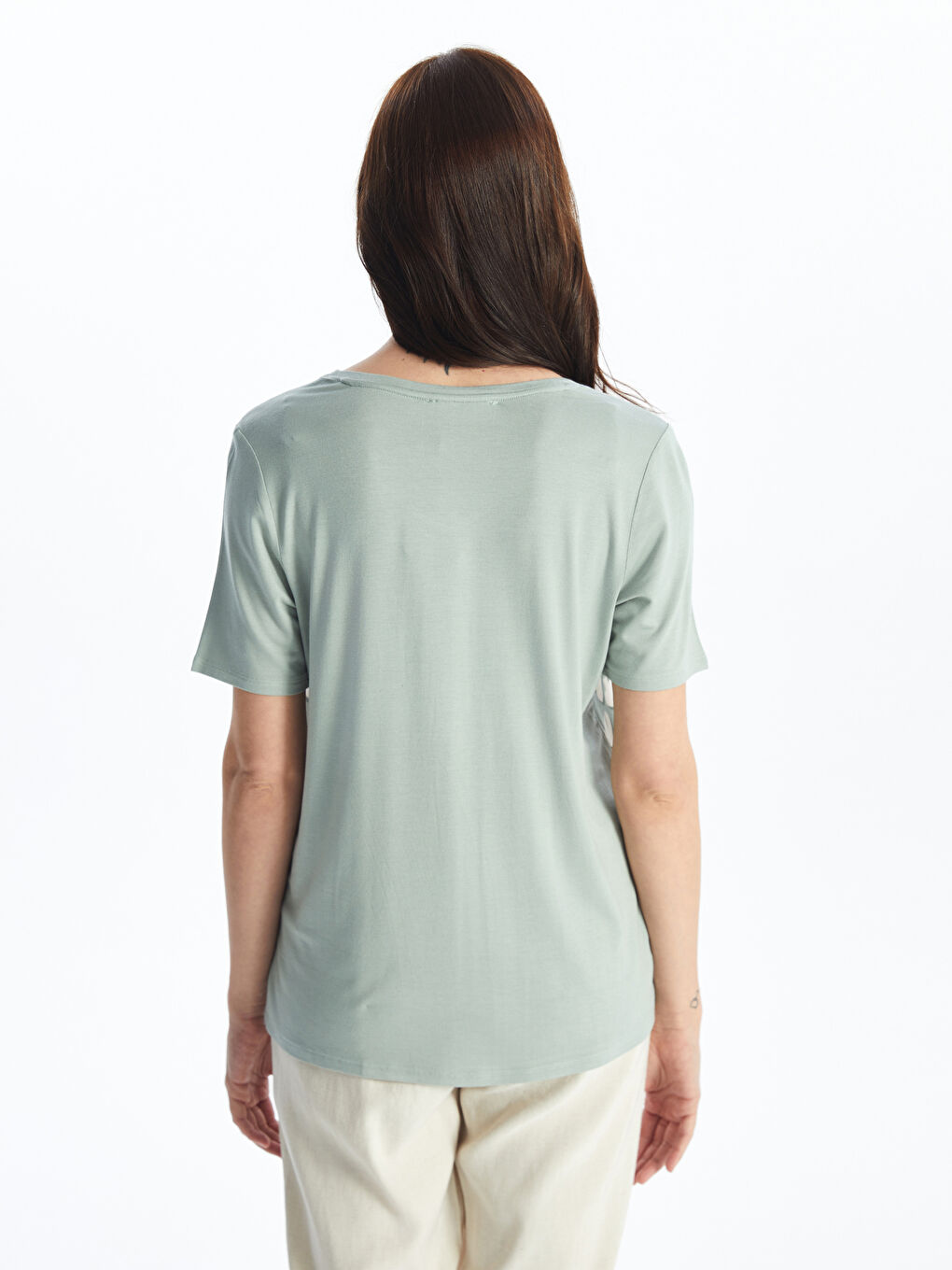 V Neck Patterned Short Sleeve Women's T-shirt -S4JA28Z8-LRL