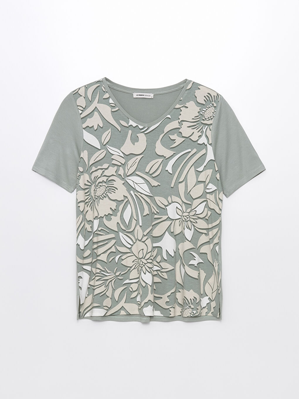 V Neck Patterned Short Sleeve Women's T-shirt -S4JA28Z8-LRL