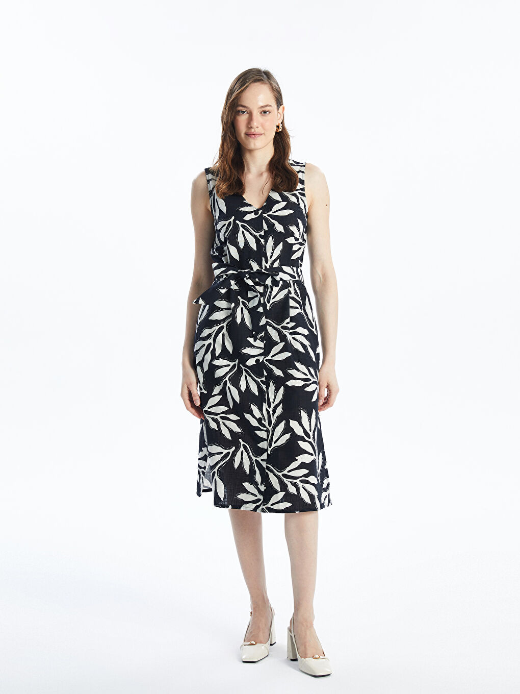 LCWAIKIKI Classic V-Ausschnitt Gemustertes Leinen-Look Kleid für Damen -S4JA32Z8-LQJ