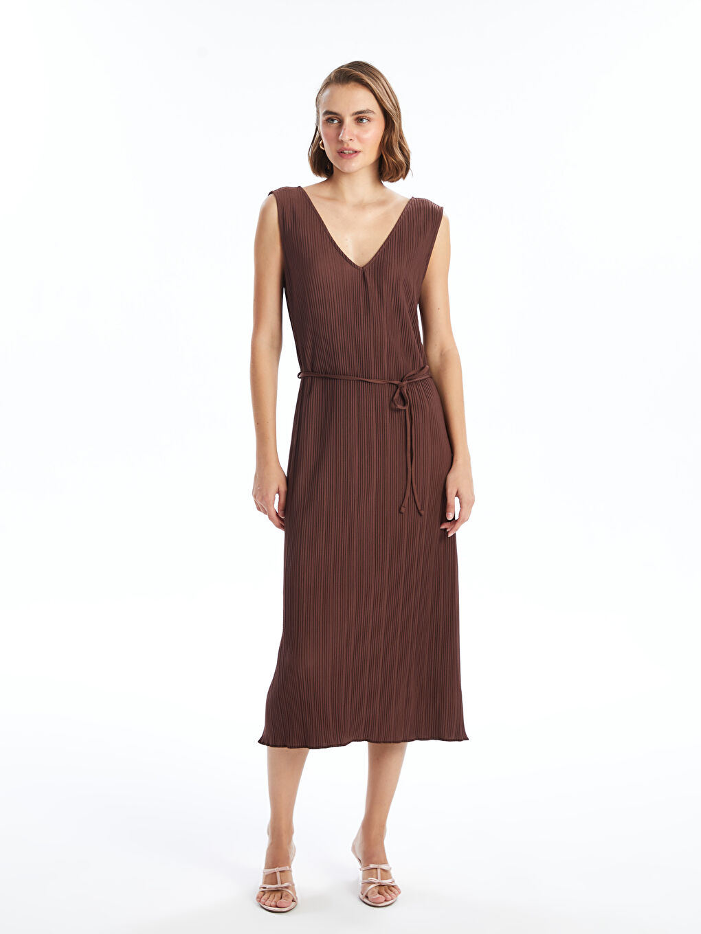 فستان سادة بياقة على شكل حرف V للسيدات