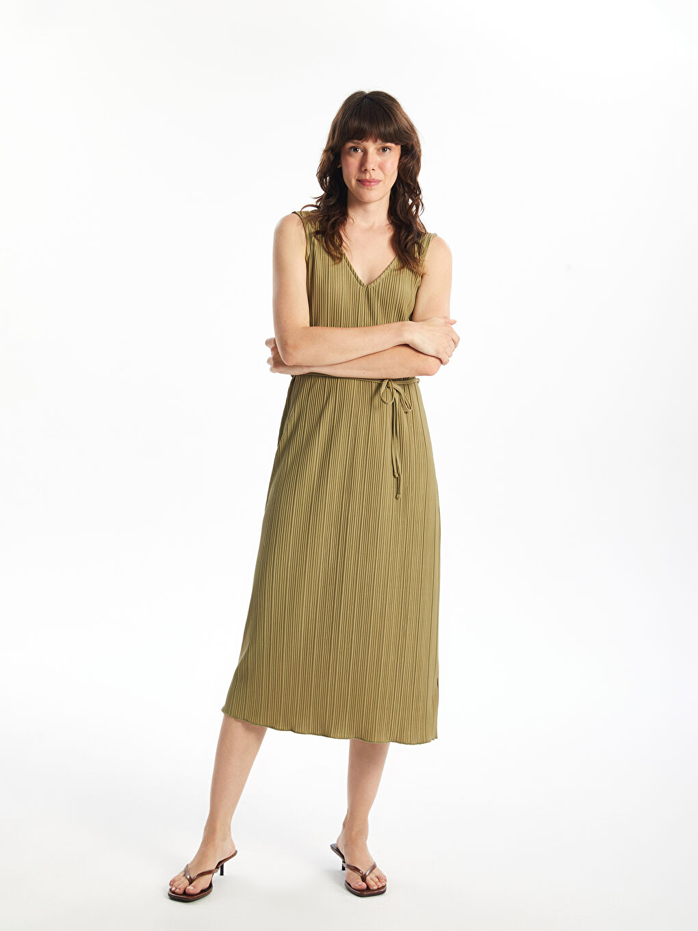 فستان سادة بياقة على شكل حرف V للسيدات-1