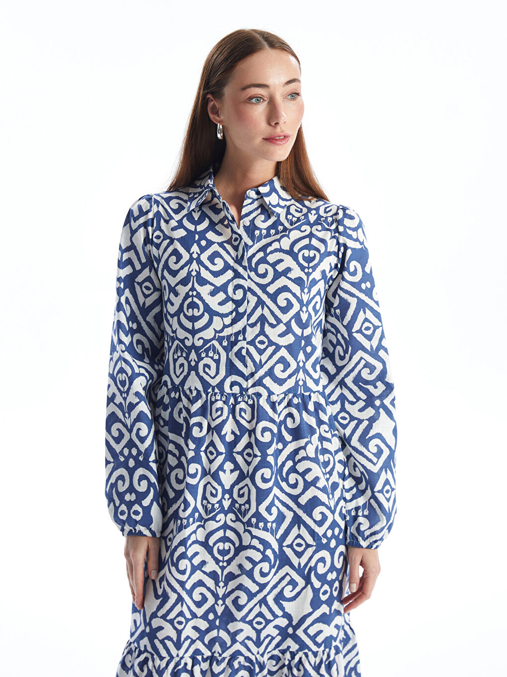 Collared Neck Patterned Long Sleeve Women's Dress-1