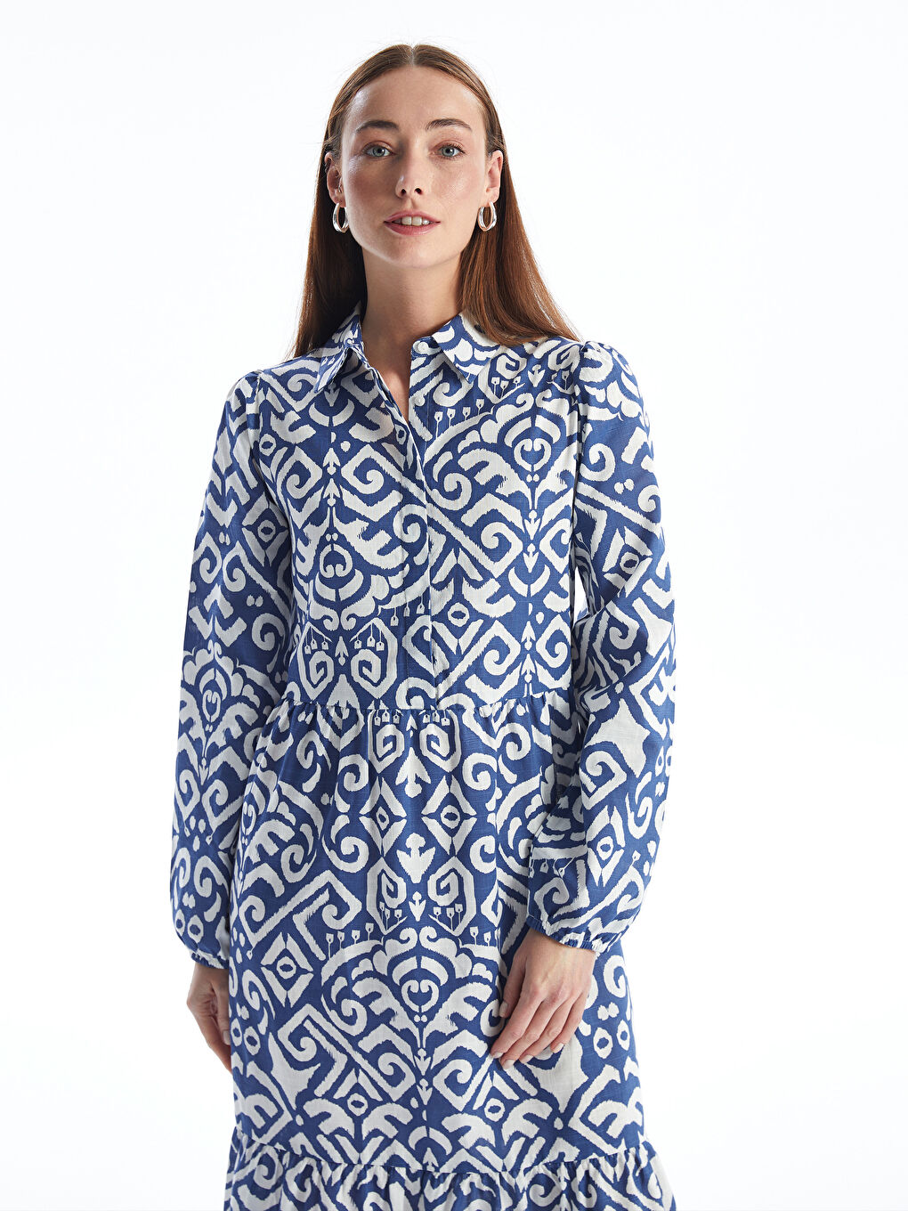 Collared Neck Patterned Long Sleeve Women's Dress-2