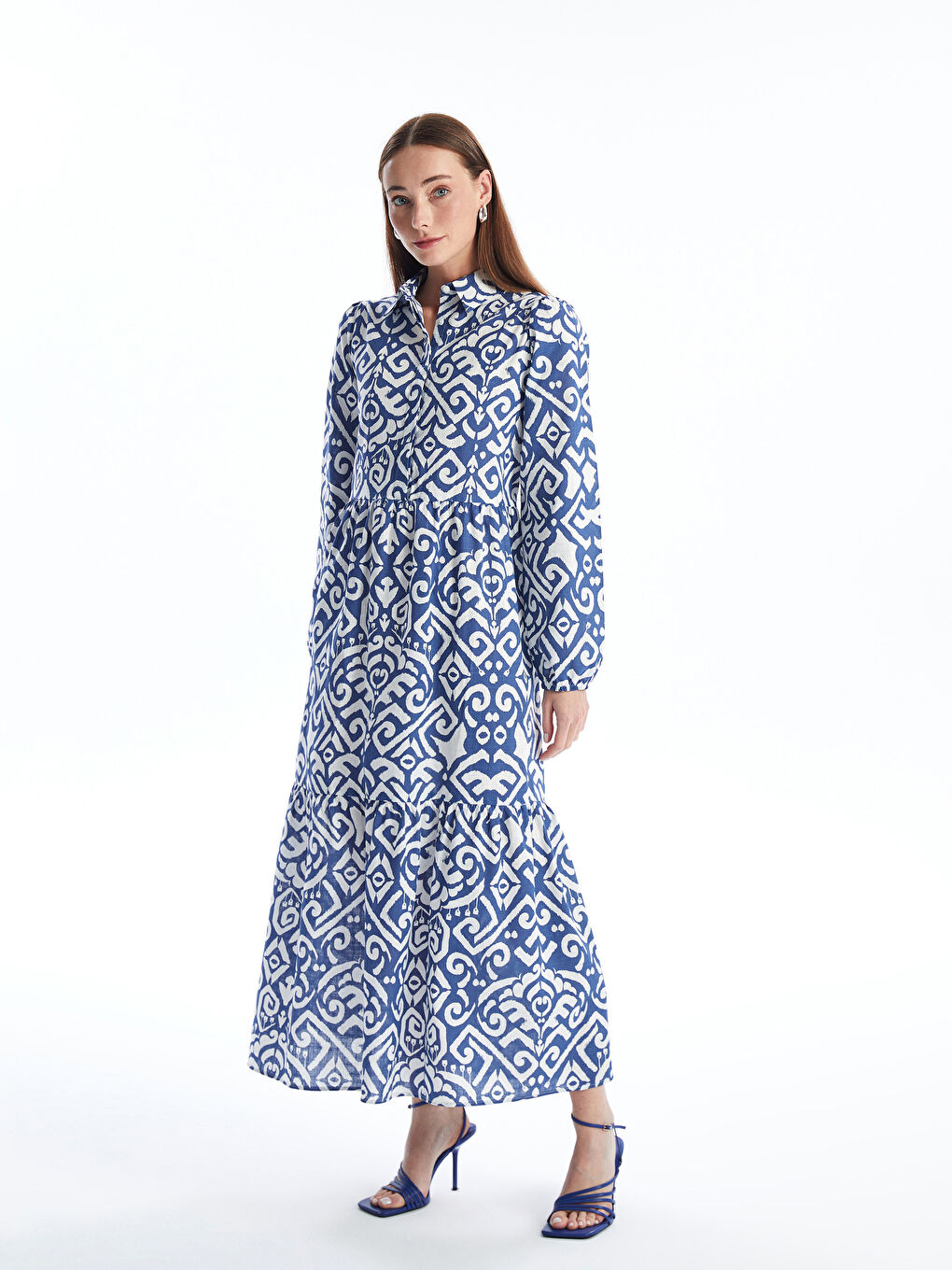 Collared Neck Patterned Long Sleeve Women's Dress