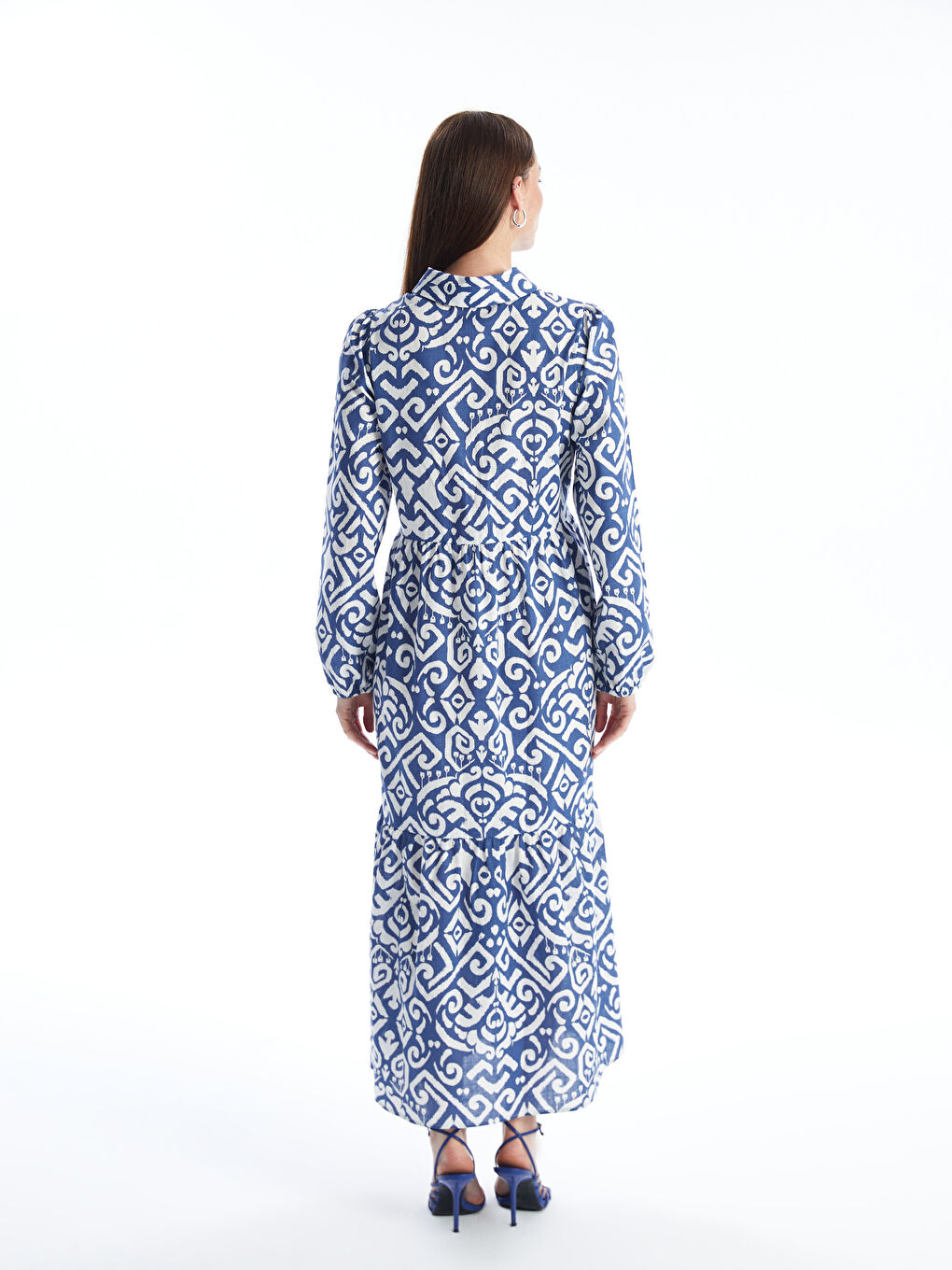 Collared Neck Patterned Long Sleeve Women's Dress-4