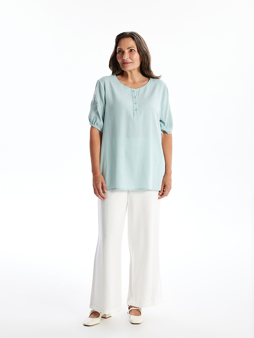 Crew Neck Embroidered Short Sleeve Women's Blouse -S4JB20Z8-FGT