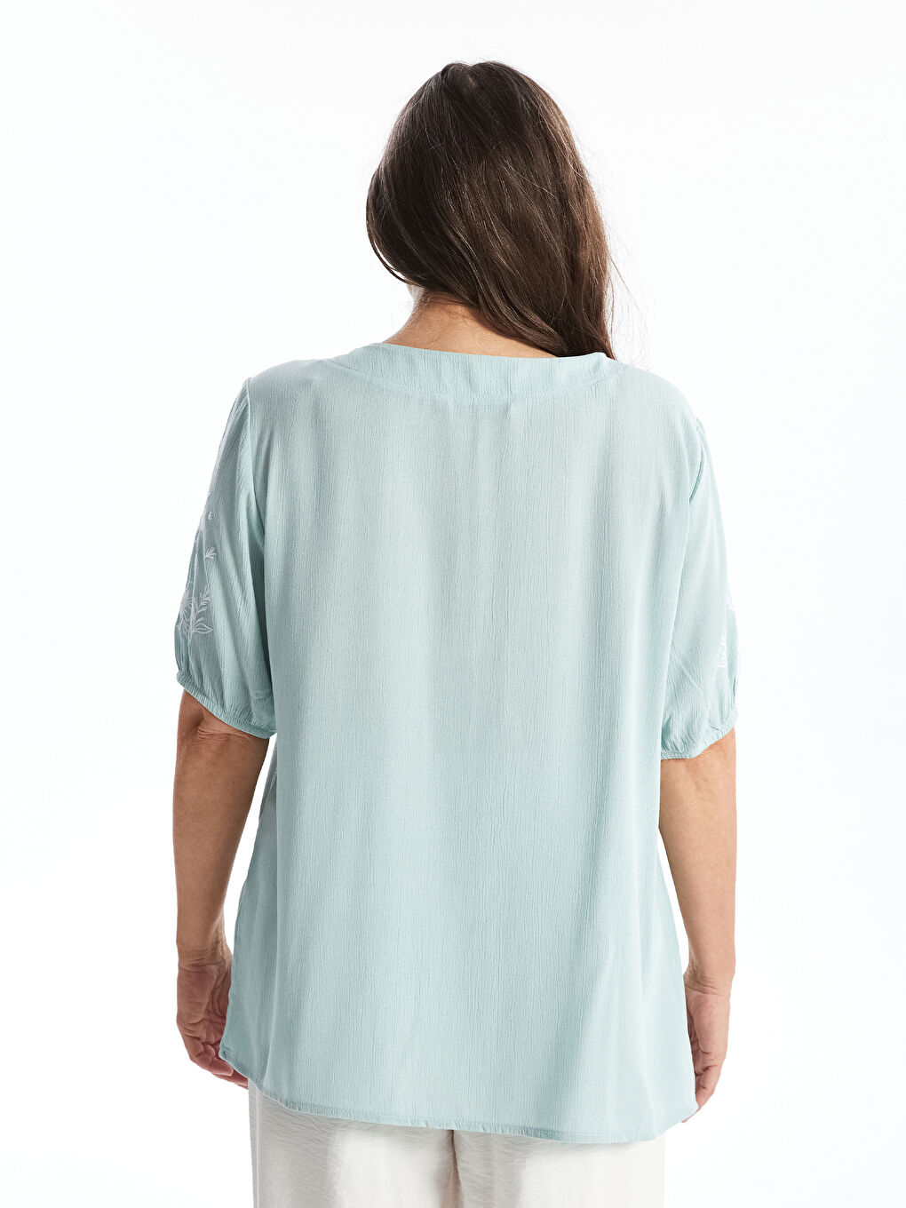 Crew Neck Embroidered Short Sleeve Women's Blouse -S4JB20Z8-FGT