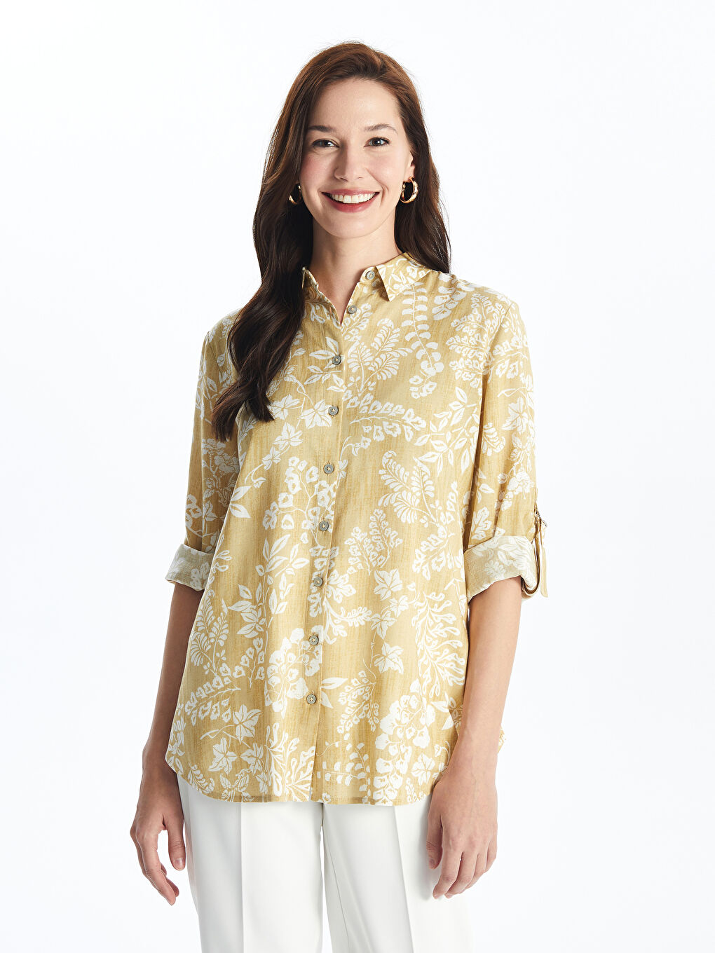 Patterned Linen Blend Women's Shirt Tunic -S4JB22Z8-LUE