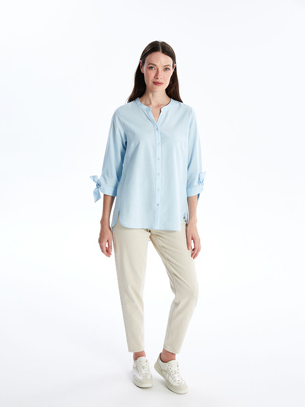 Mavi Kadın Kaçık Yaka Düz Gömlek-1