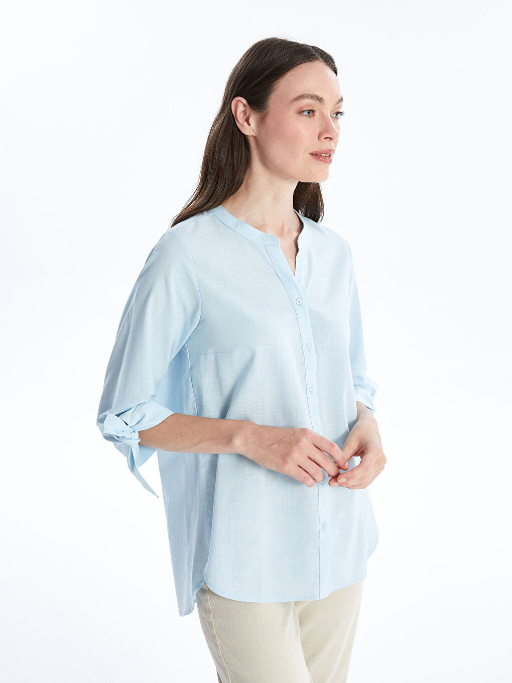 Mavi Kadın Kaçık Yaka Düz Gömlek-3
