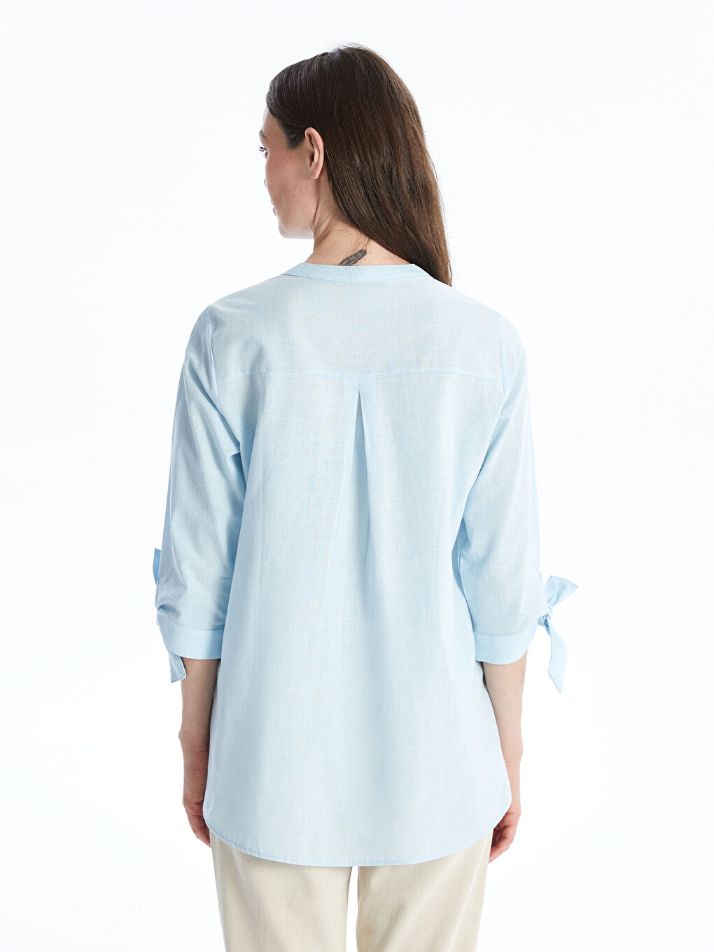 Mavi Kadın Kaçık Yaka Düz Gömlek-4