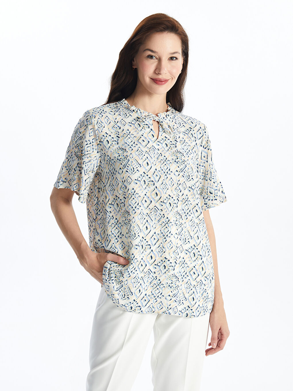 Lapel Collar Patterned Short Sleeve Women's Blouse -S4JB37Z8-LRA
