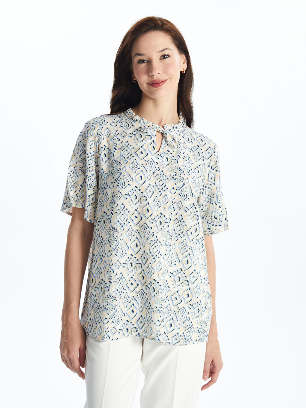 Lapel Collar Patterned Short Sleeve Women's Blouse -S4JB37Z8-LRA