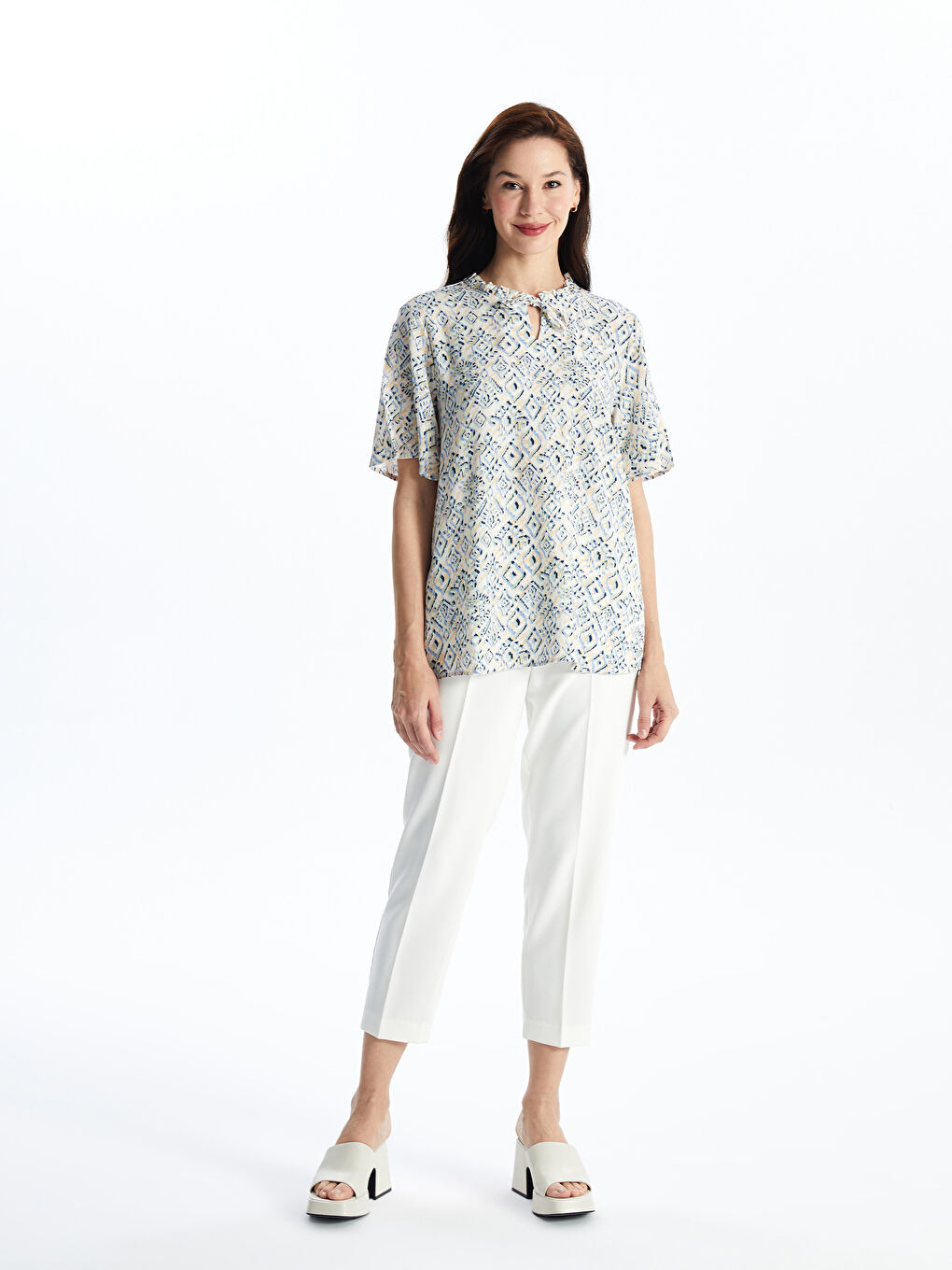 Lapel Collar Patterned Short Sleeve Women's Blouse -S4JB37Z8-LRA