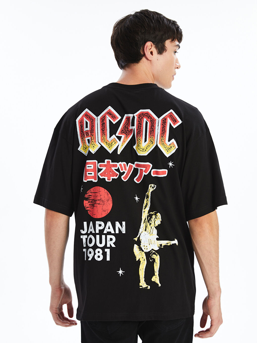 XSIDE Yeni Siyah Bisiklet Yaka Kısa Kollu AC/DC Baskılı Penye Erkek Tişört