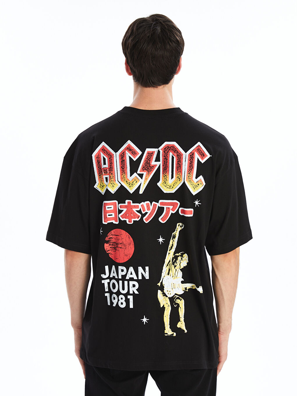 XSIDE Yeni Siyah Bisiklet Yaka Kısa Kollu AC/DC Baskılı Penye Erkek Tişört - 4