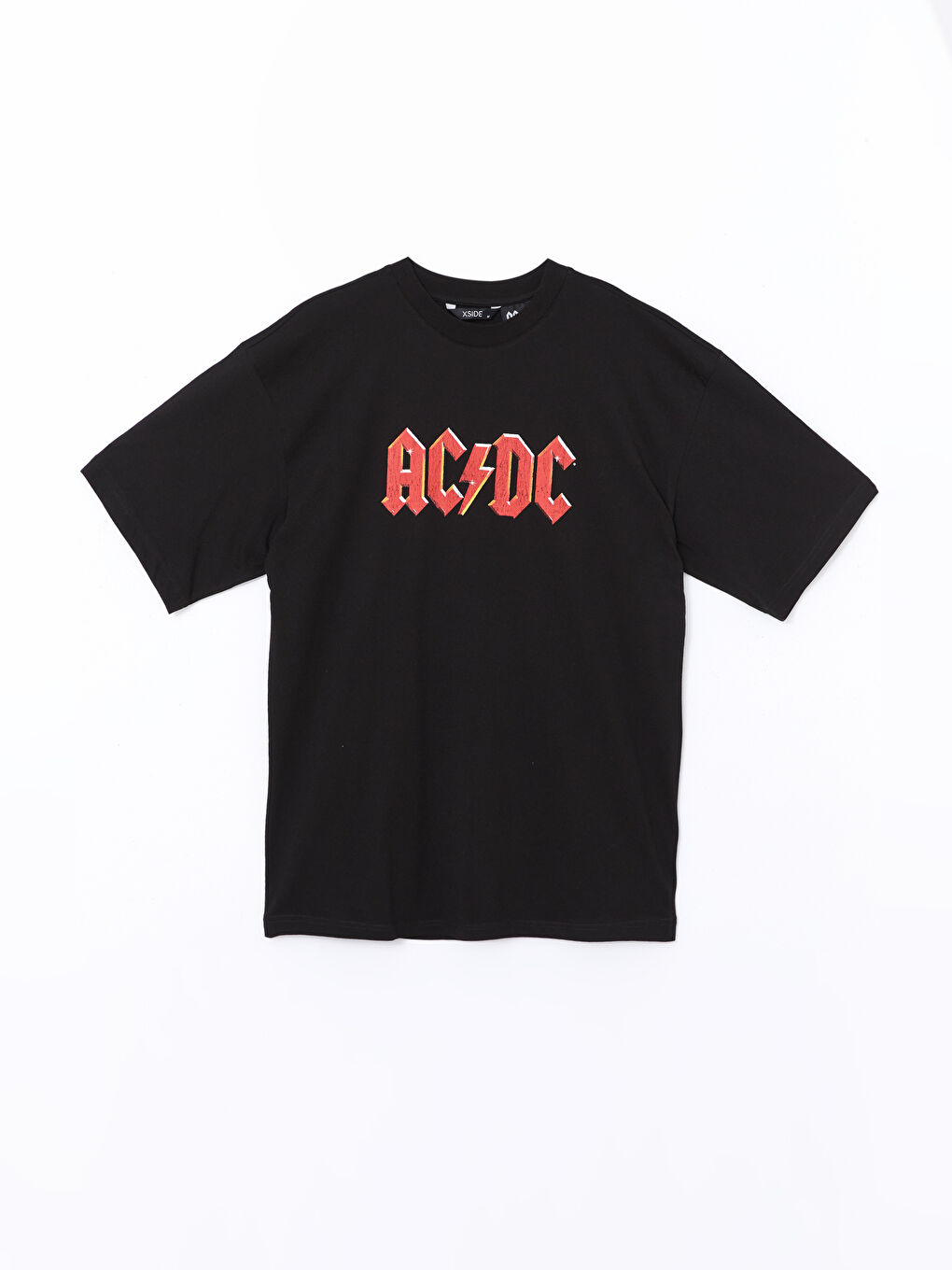 XSIDE Yeni Siyah Bisiklet Yaka Kısa Kollu AC/DC Baskılı Penye Erkek Tişört - 5