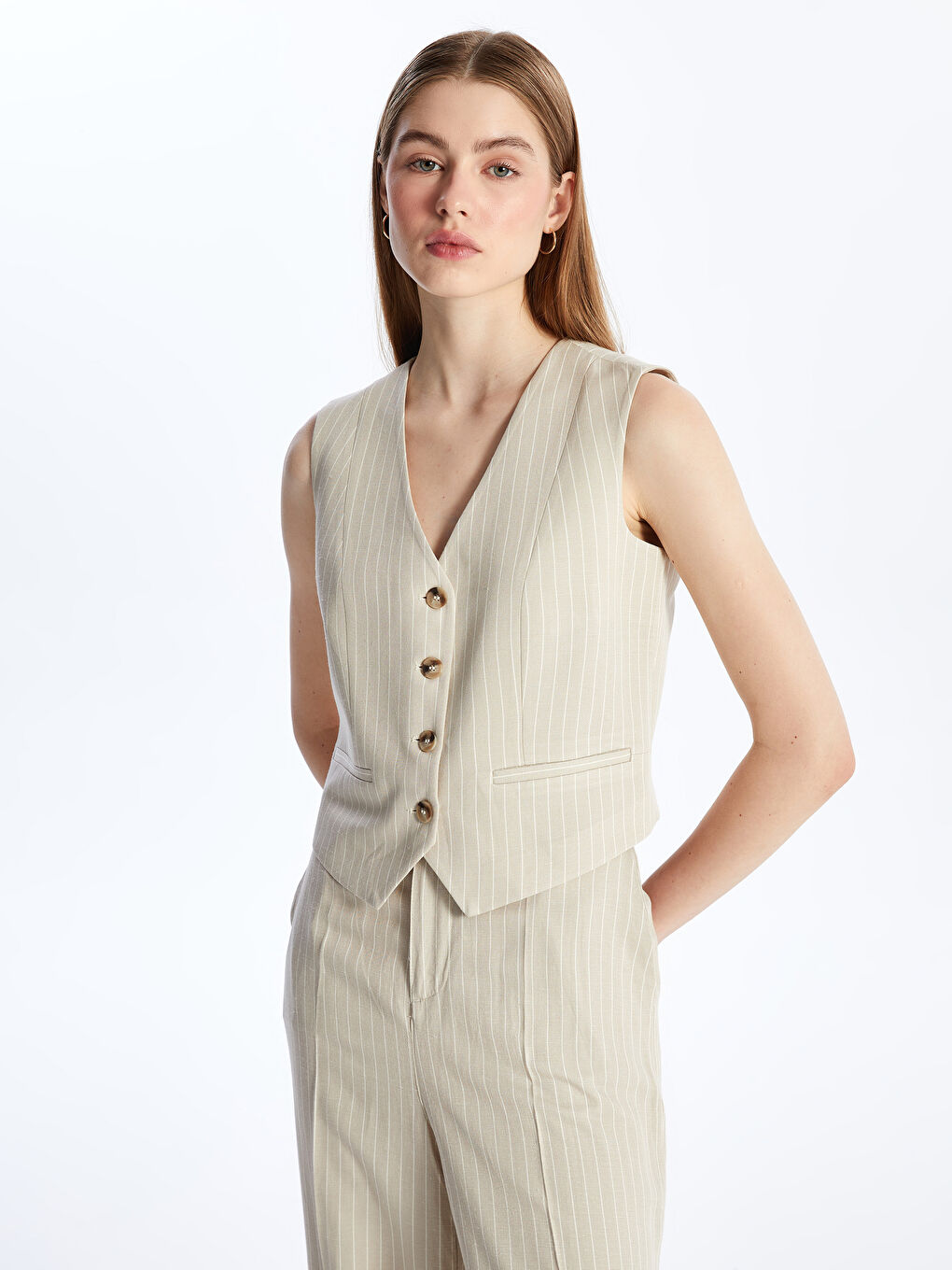 V-ს ფორმის დეკოლტე ზოლიანი ლინენის ნაზავი ქალებისთვის კლასიკური კოსტუმის ჟილეტი