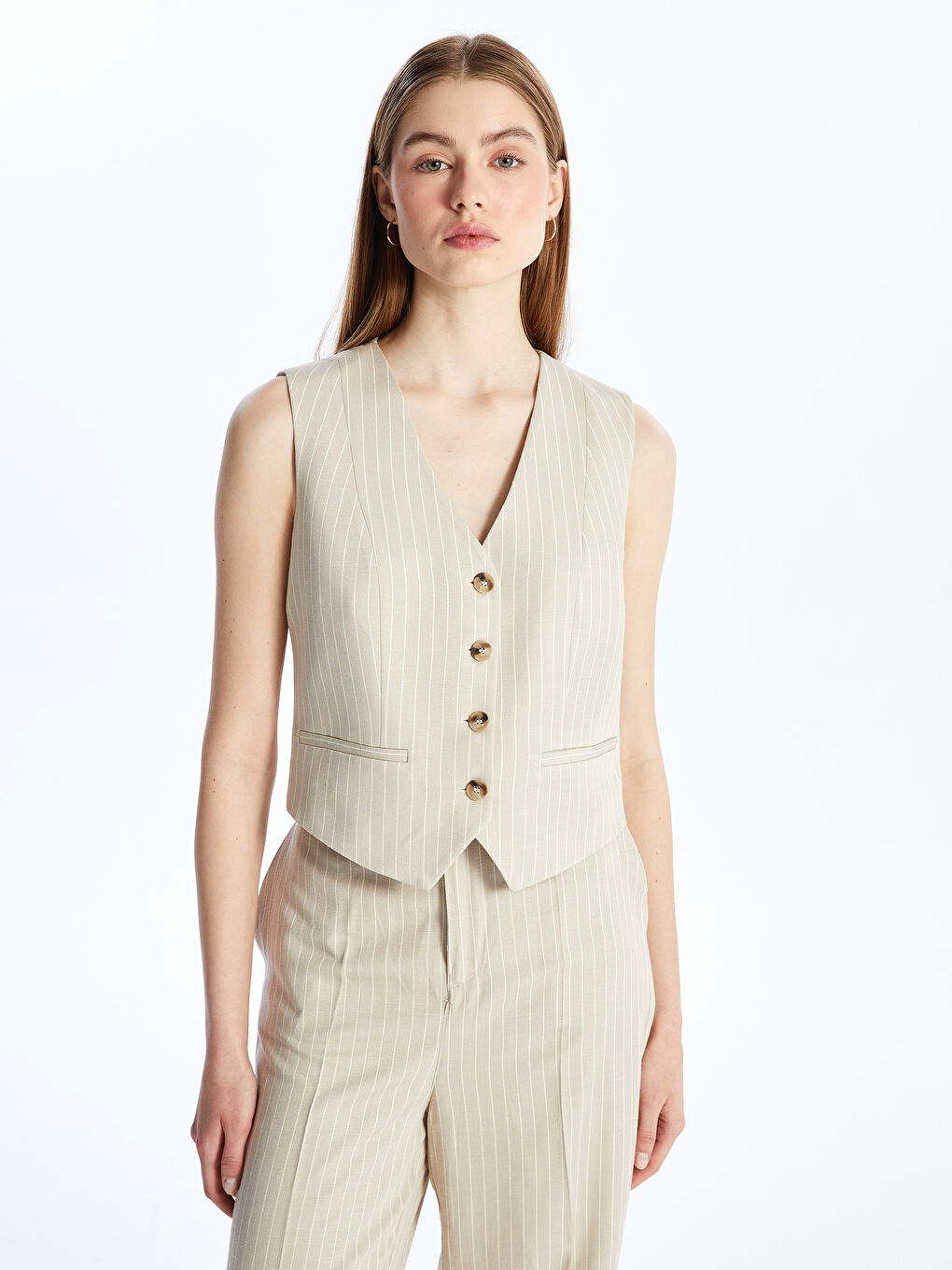 V-ს ფორმის დეკოლტე ზოლიანი ლინენის ნაზავი ქალებისთვის კლასიკური კოსტუმის ჟილეტი-1