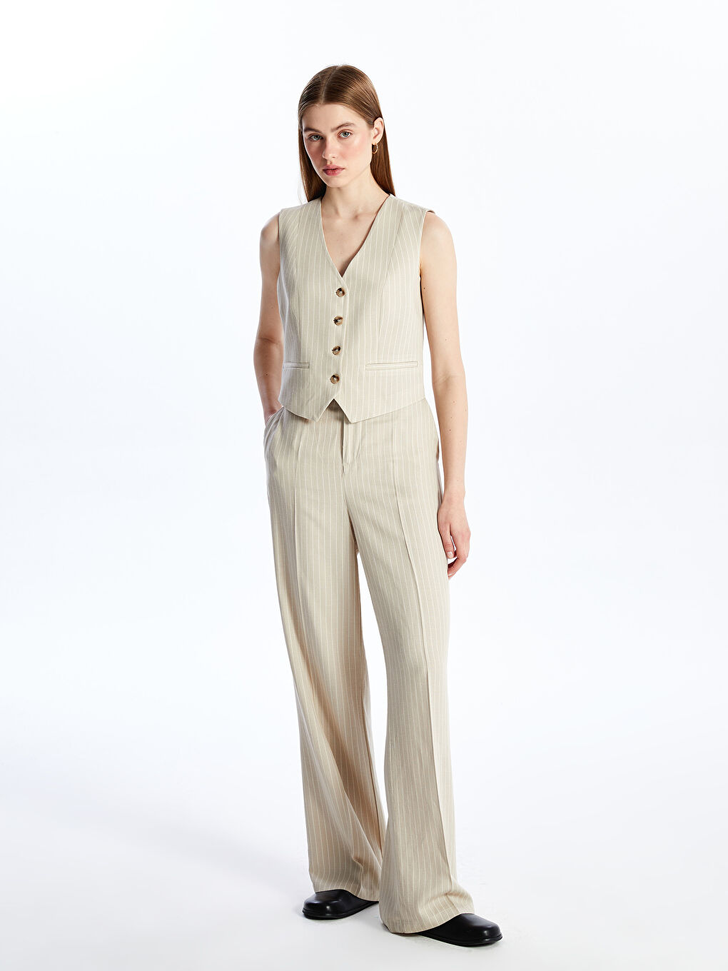 V-ს ფორმის დეკოლტე ზოლიანი ლინენის ნაზავი ქალებისთვის კლასიკური კოსტუმის ჟილეტი-2