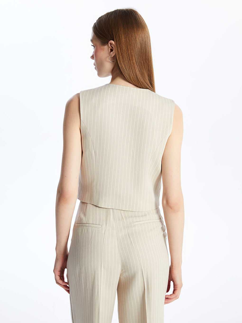 V-ს ფორმის დეკოლტე ზოლიანი ლინენის ნაზავი ქალებისთვის კლასიკური კოსტუმის ჟილეტი-4