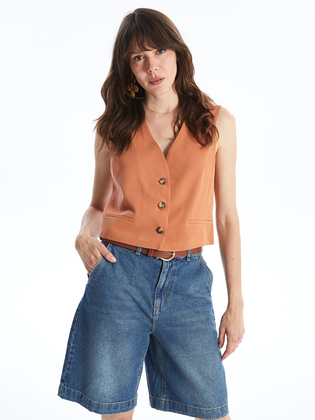 Kahverengi V Yaka Düz Keten Karışımlı Kadın Klasik Yelek