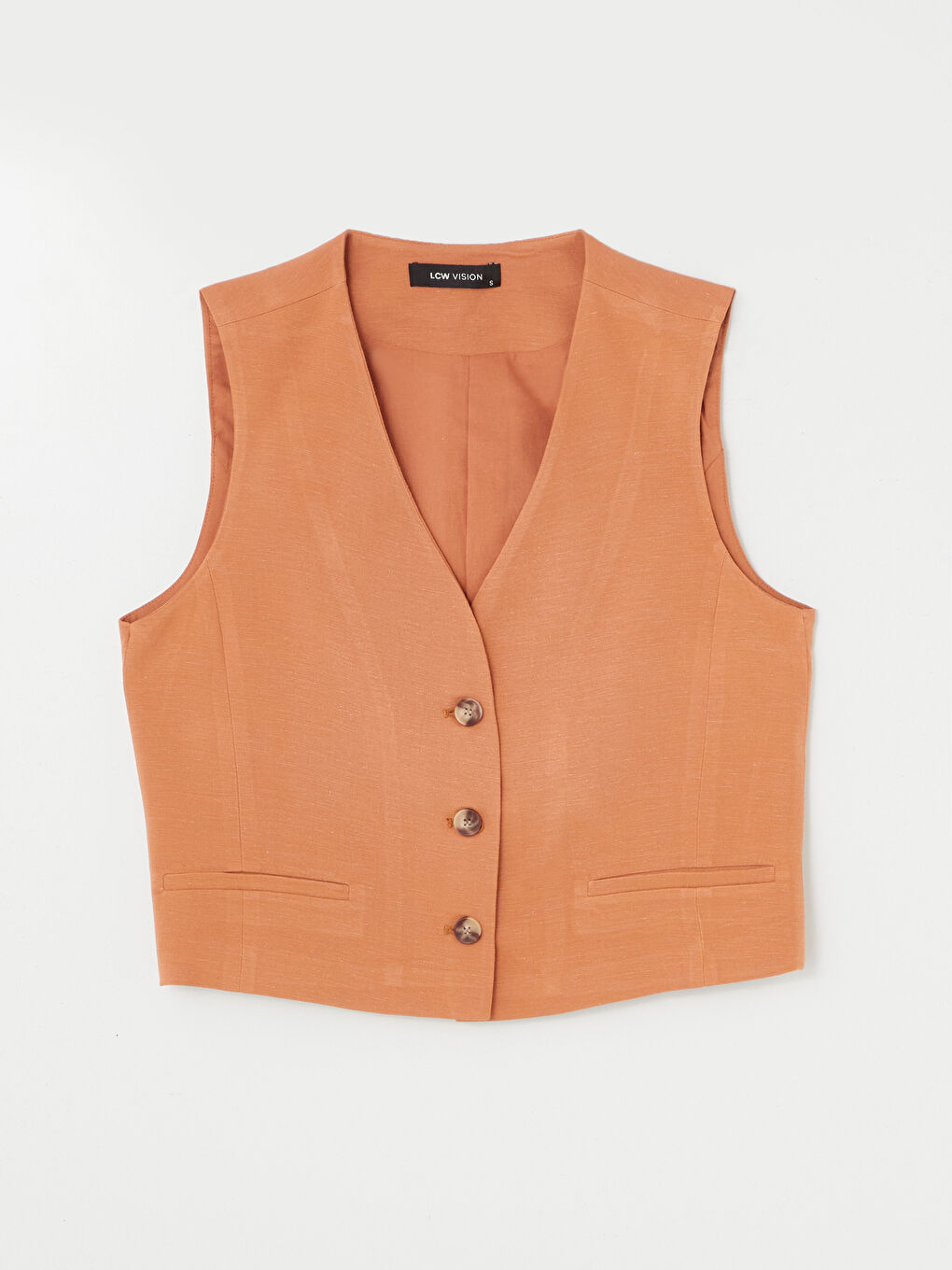 Kahverengi V Yaka Düz Keten Karışımlı Kadın Klasik Yelek-4