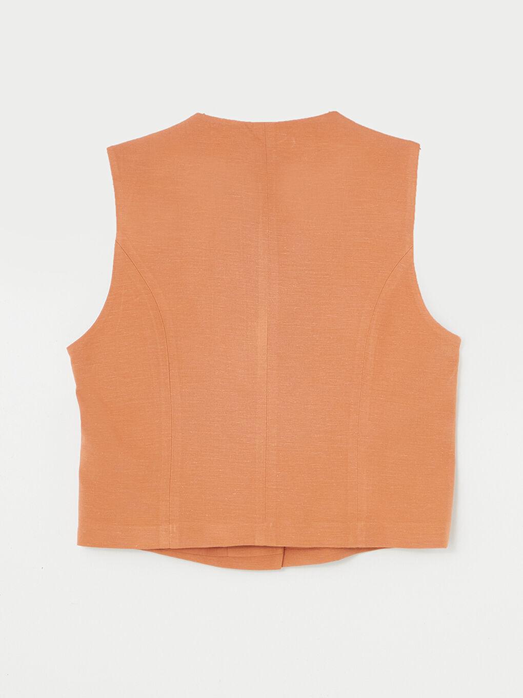 Kahverengi V Yaka Düz Keten Karışımlı Kadın Klasik Yelek-5