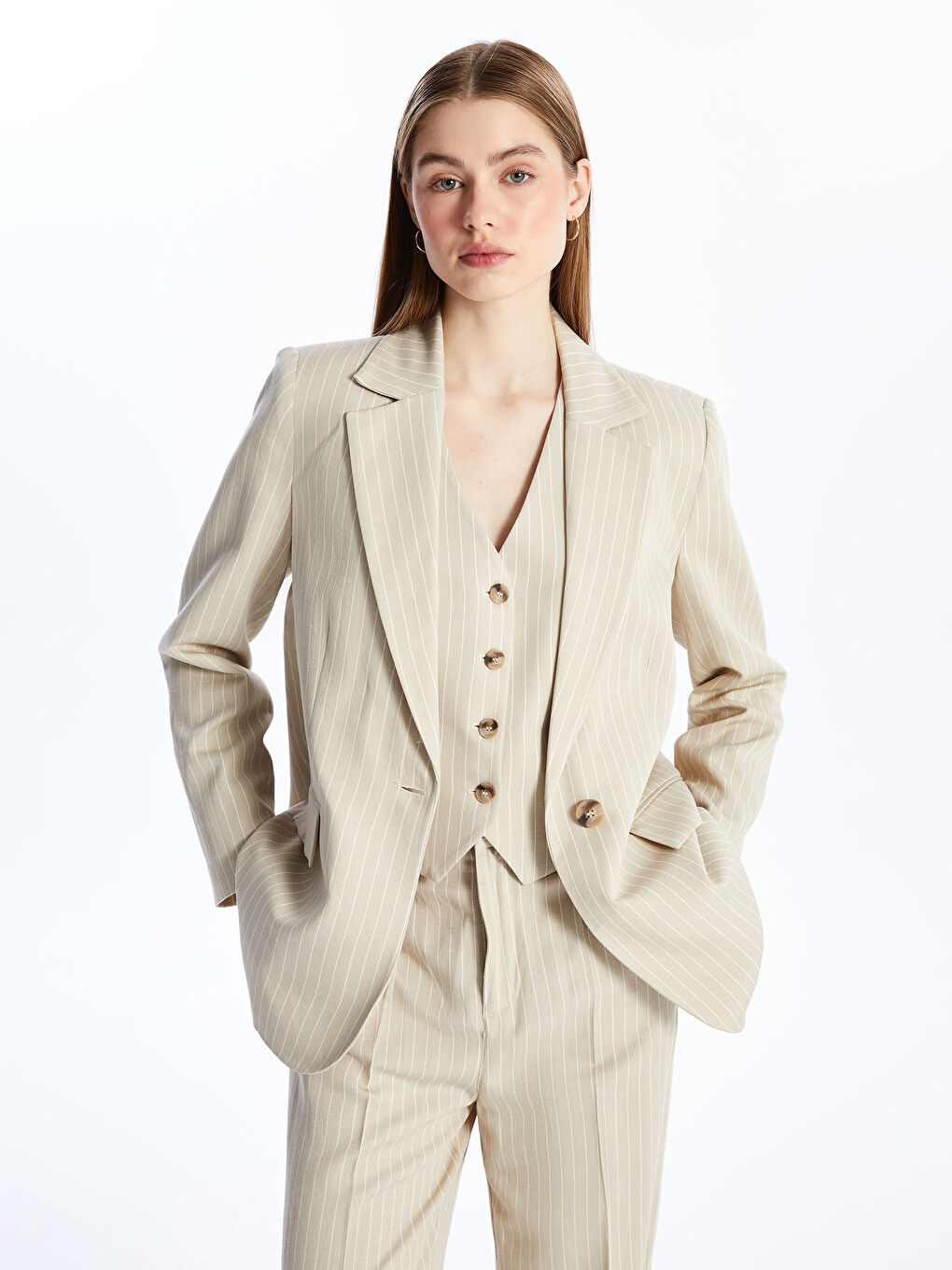 Women's Striped Long Sleeve Linen Blend Blazer Jacket -S4JC69Z8-ELZ