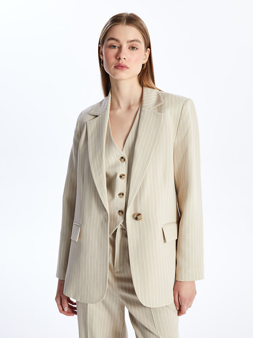 Women's Striped Long Sleeve Linen Blend Blazer Jacket -S4JC69Z8-ELZ