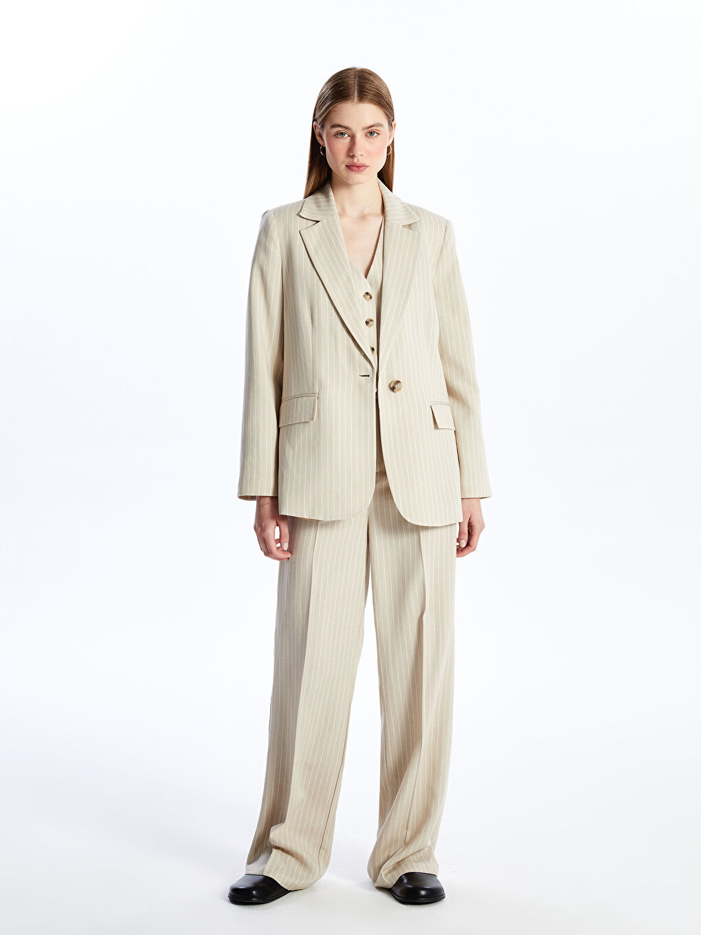 Women's Striped Long Sleeve Linen Blend Blazer Jacket -S4JC69Z8-ELZ