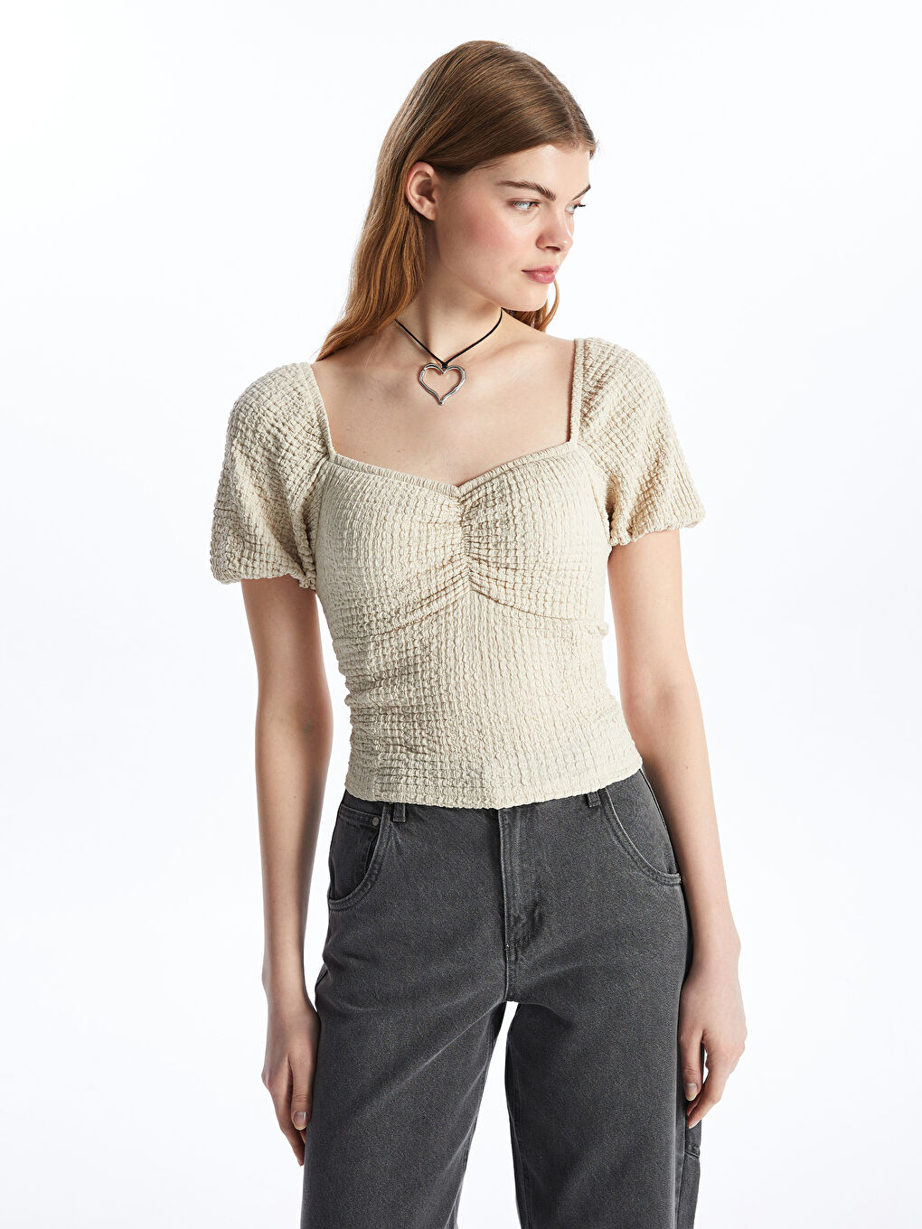 LCW ECO Bluza za Žene s Izrezom u Obliku Srca, Jednostavna, Kratki Rukav -S4JC93Z8-FYV