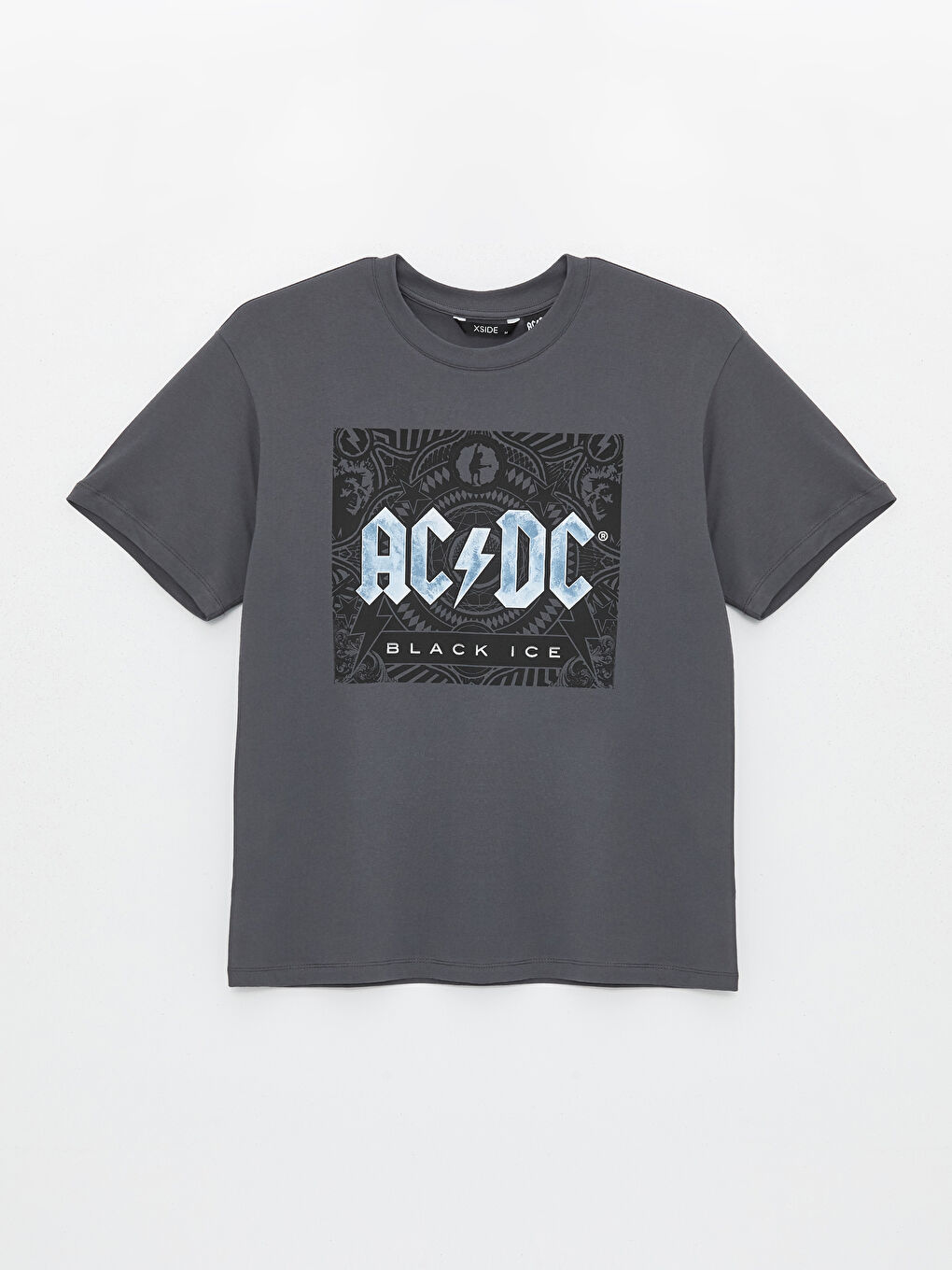 XSIDE Antrasit Bisiklet Yaka Kısa Kollu AC/DC Baskılı Penye Erkek Tişört - 5