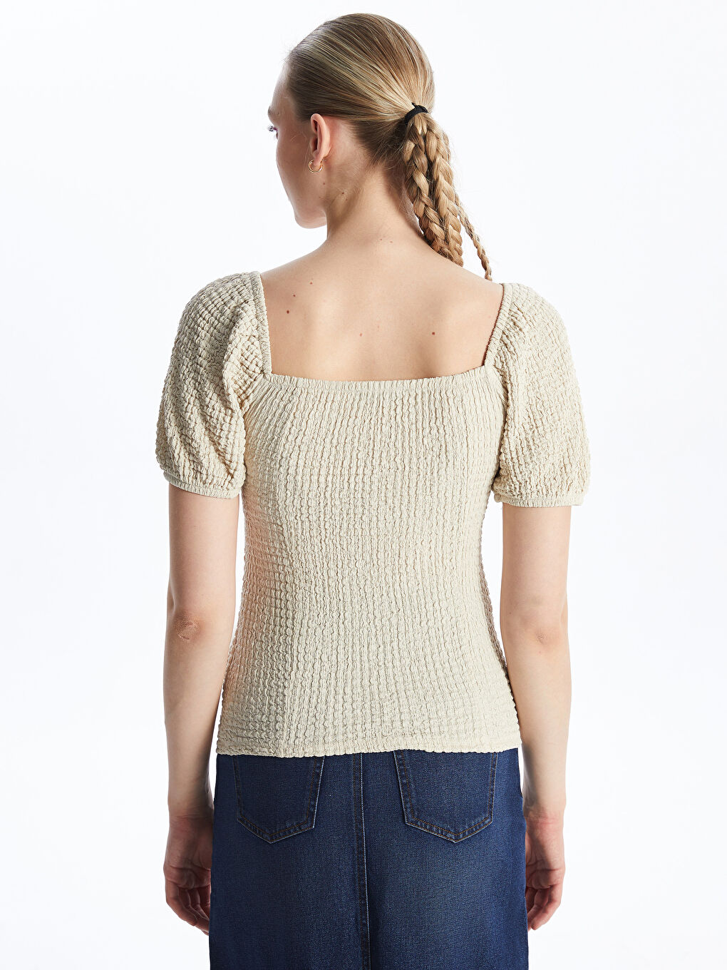 Bej Kare Yaka Düz Kısa Kollu Kadın Bluz-4