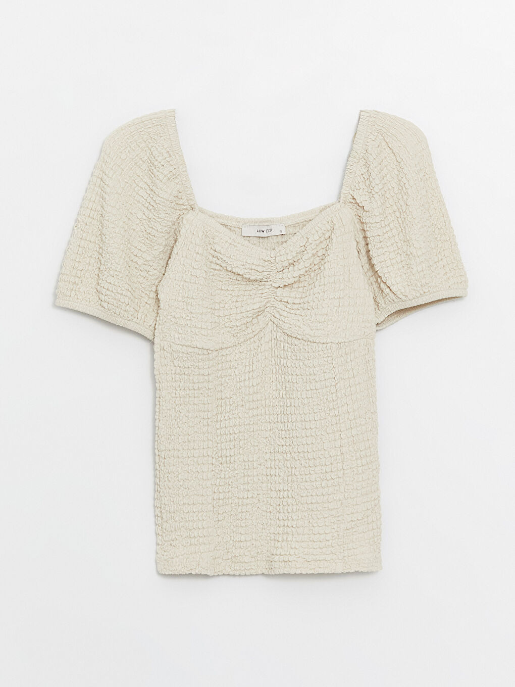 Bej Kare Yaka Düz Kısa Kollu Kadın Bluz-5