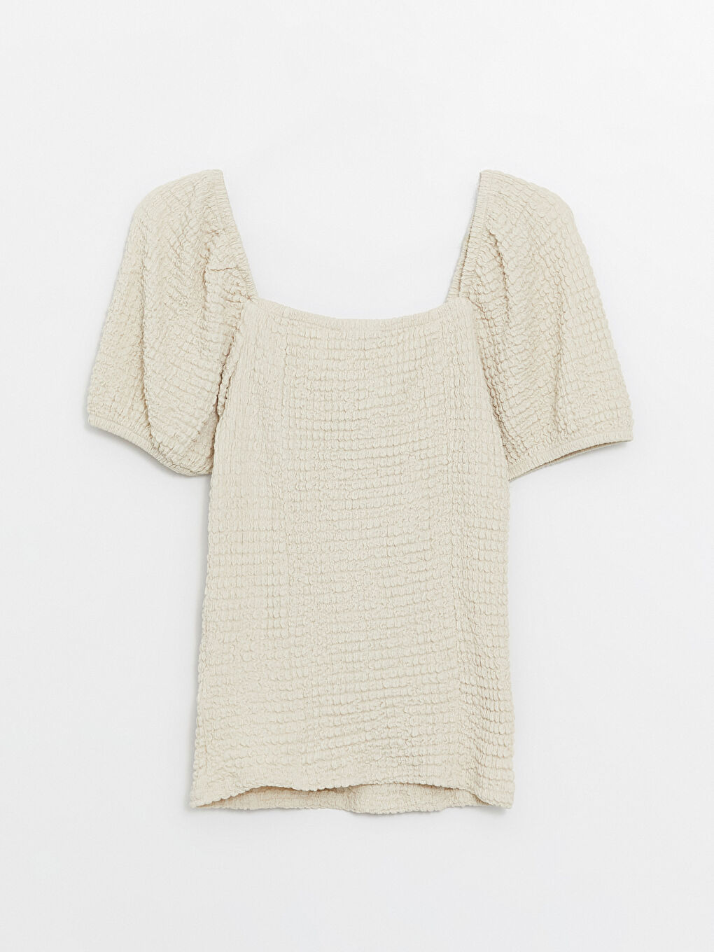 Bej Kare Yaka Düz Kısa Kollu Kadın Bluz-6