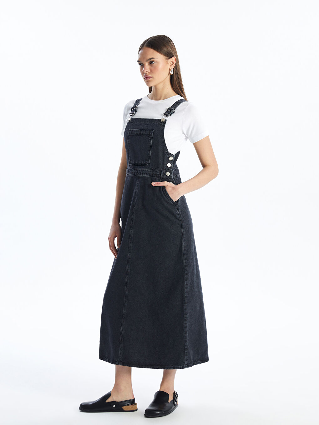 Square Collar Strappy Women's Denim Dungaree Dress -S4JD10Z8-326