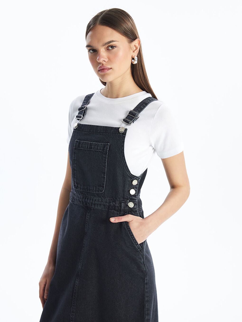 Square Collar Strappy Women's Denim Dungaree Dress -S4JD10Z8-326