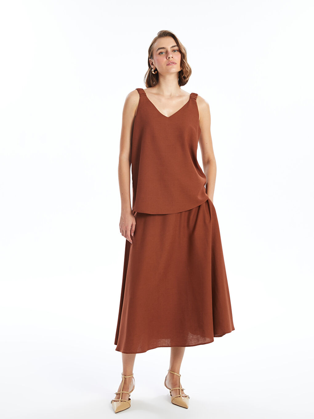 Plain Linen Blend Women's Skirt with Elastic Waist -S4JE34Z8-JSE