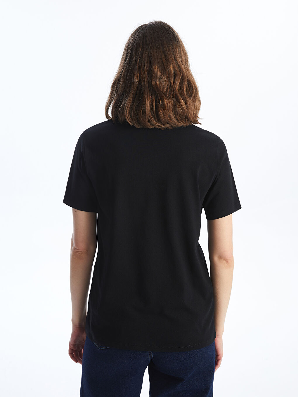 Siyah Bisiklet Yaka Düz Kısa Kollu Kadın Bluz-4