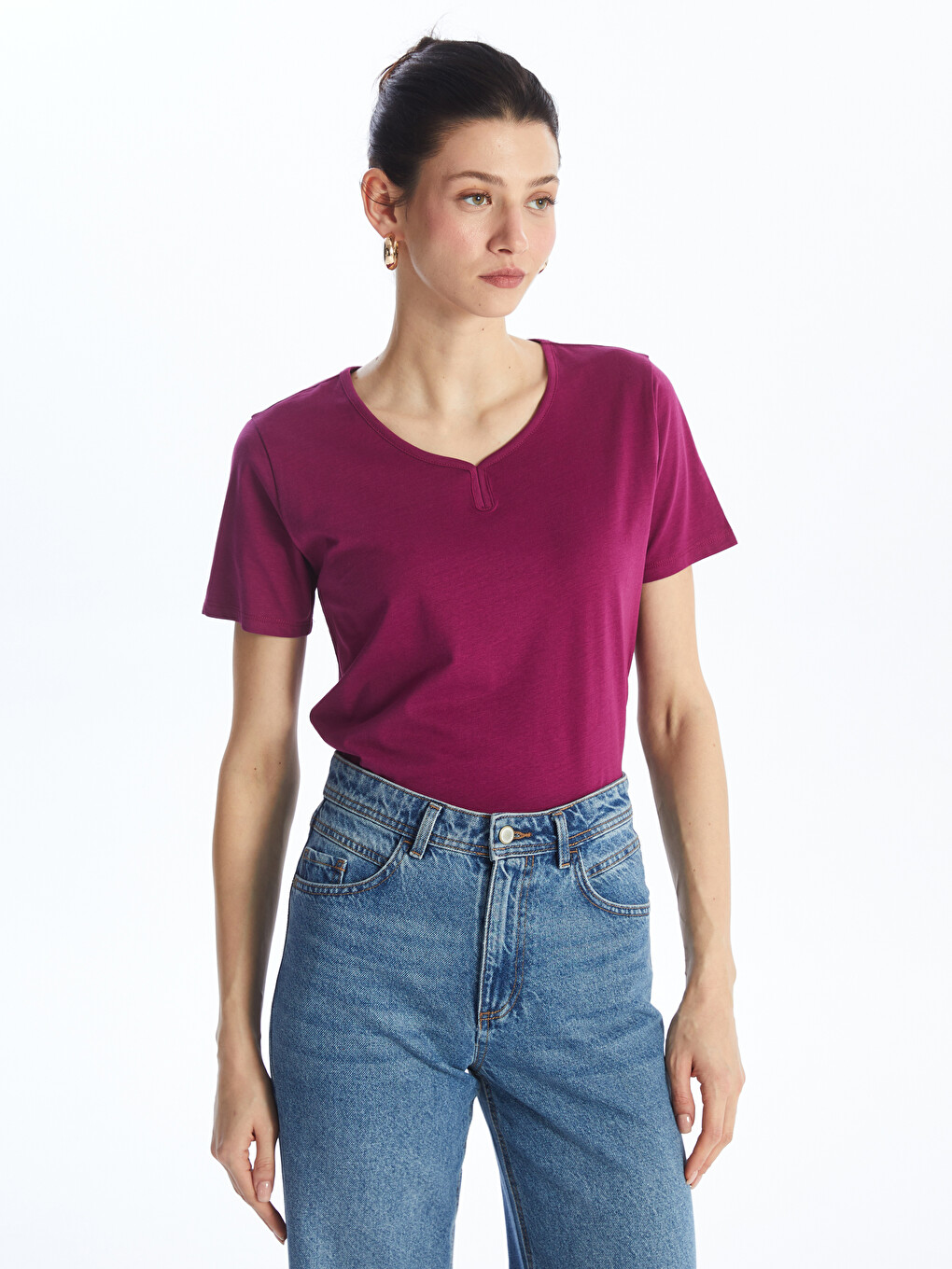 Crew Neck Plain Short Sleeve Women's Blouse-1
