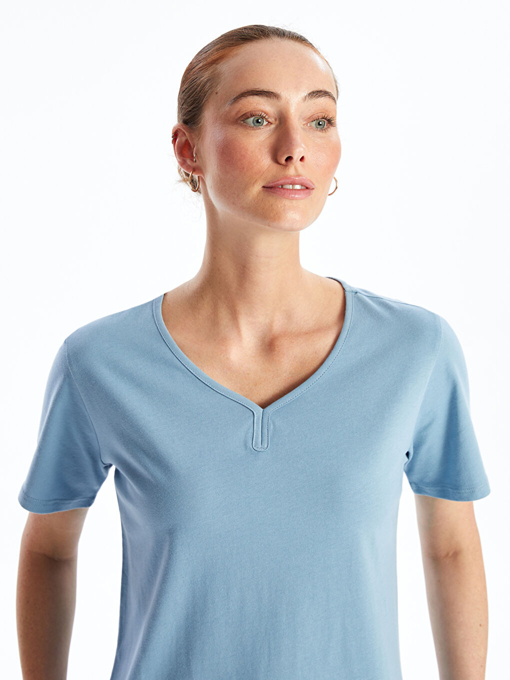 Mavi Bisiklet Yaka Düz Kısa Kollu Kadın Bluz