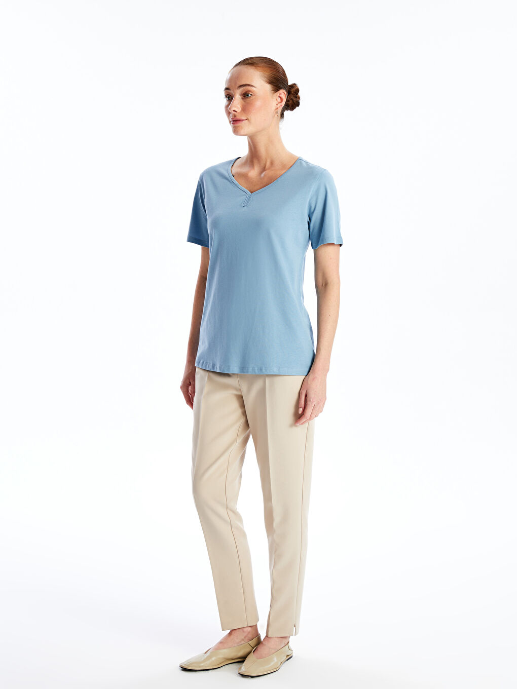 Mavi Bisiklet Yaka Düz Kısa Kollu Kadın Bluz-2