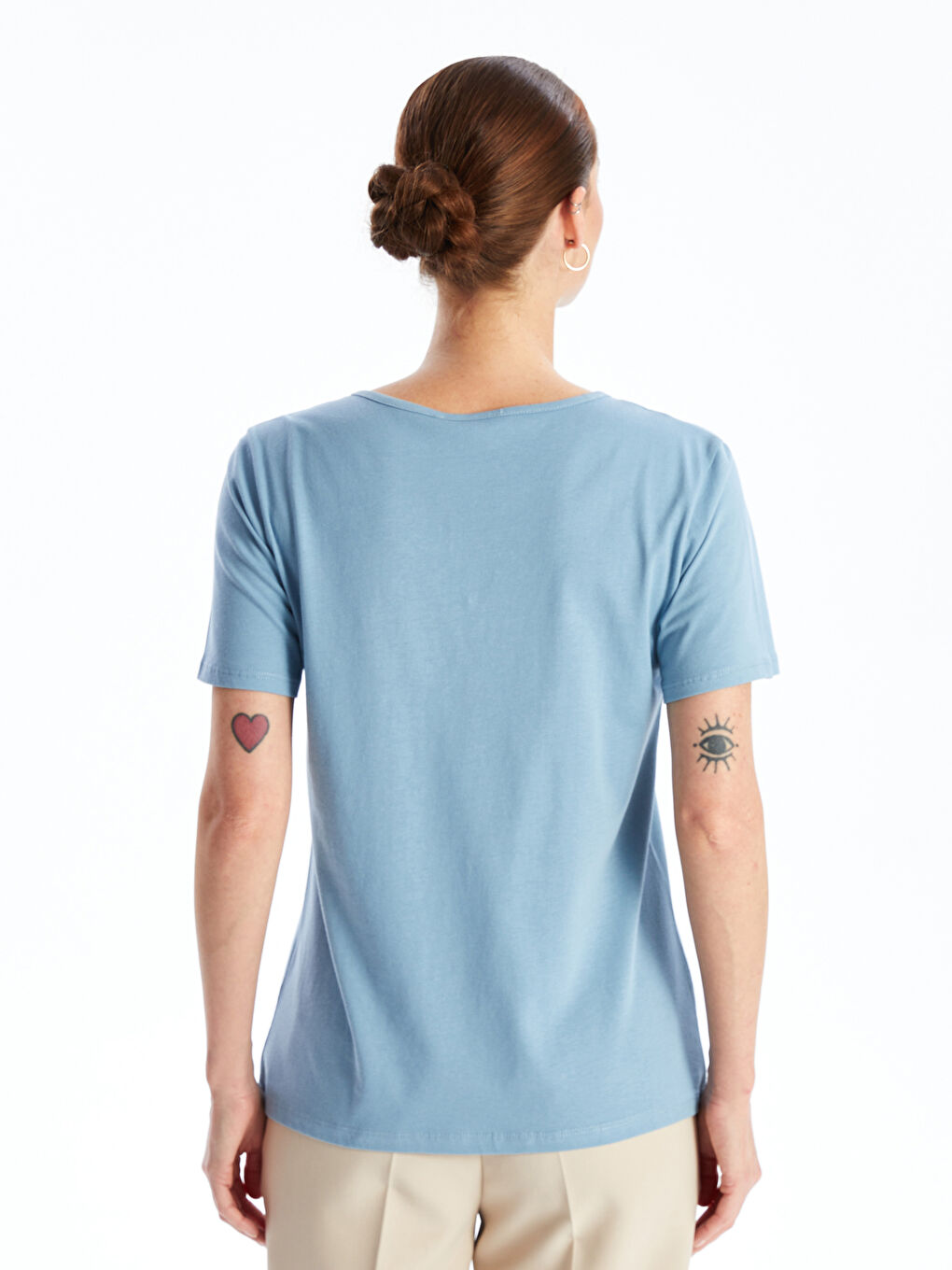 Mavi Bisiklet Yaka Düz Kısa Kollu Kadın Bluz-4