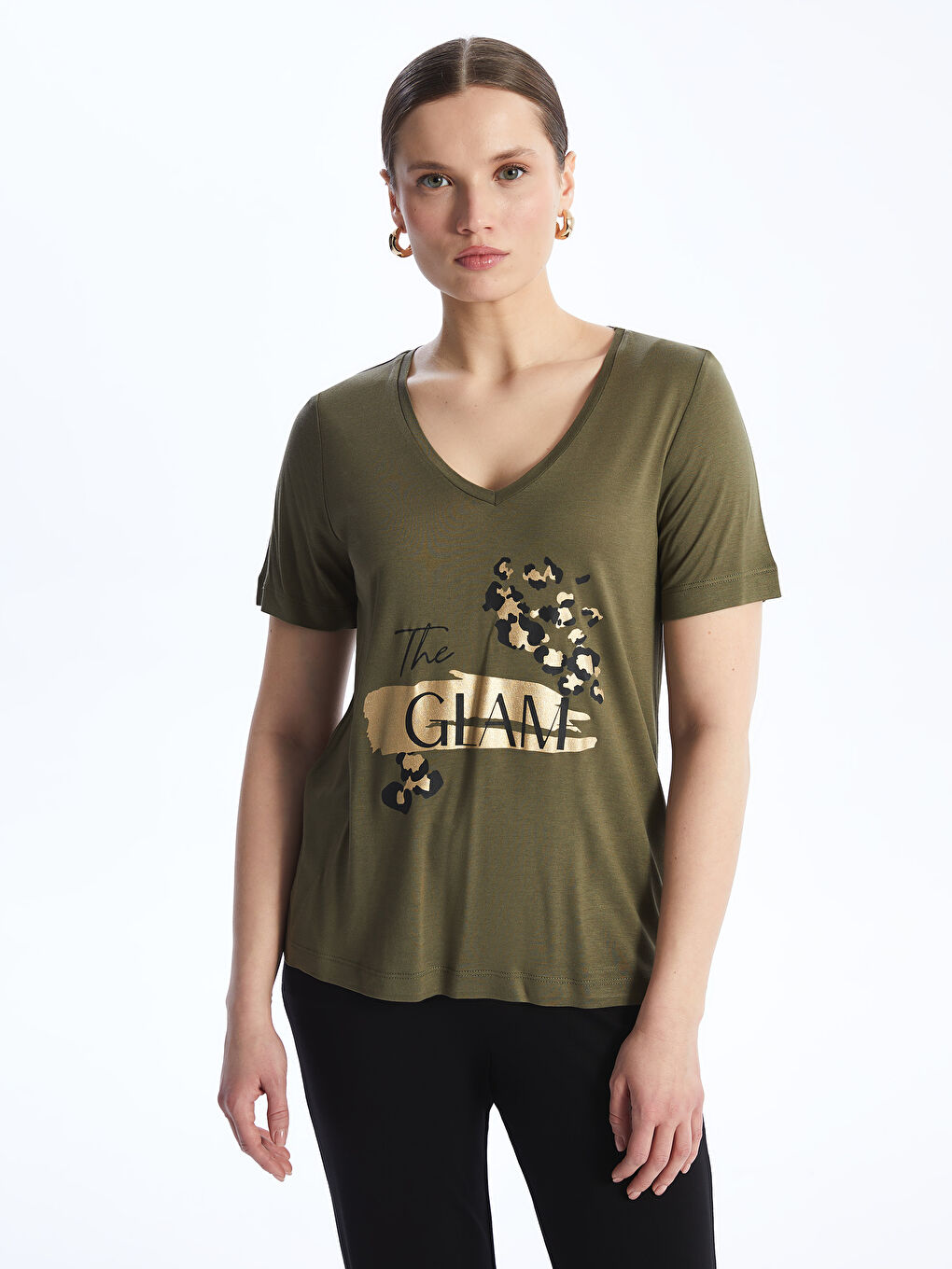 V-Neck Printed Short Sleeve Women's T-Shirt -S4JE40Z8-HCZ