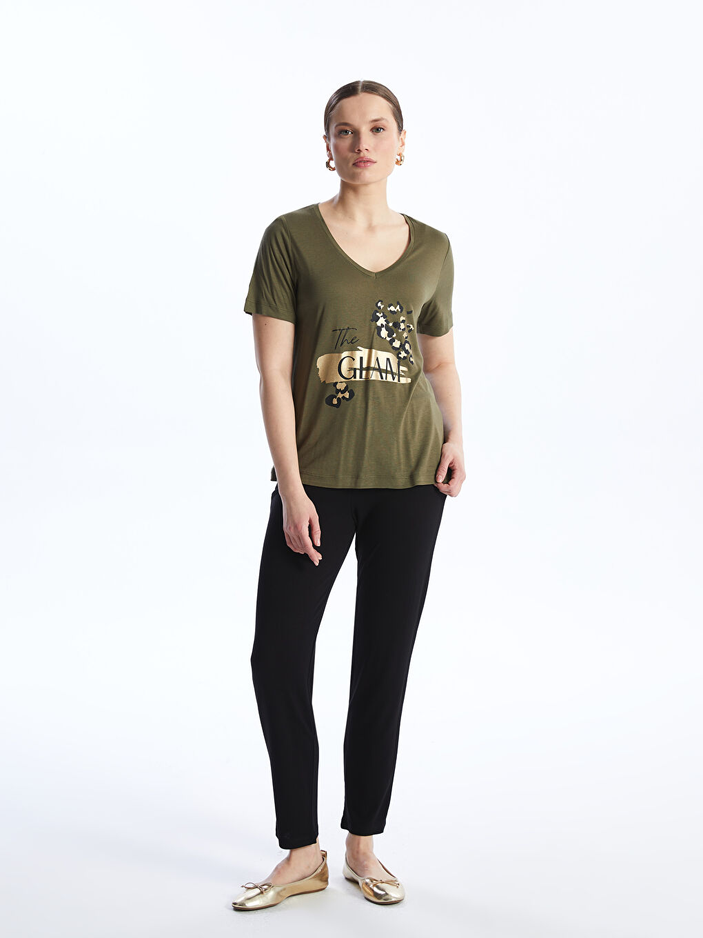 V-Neck Printed Short Sleeve Women's T-Shirt -S4JE40Z8-HCZ