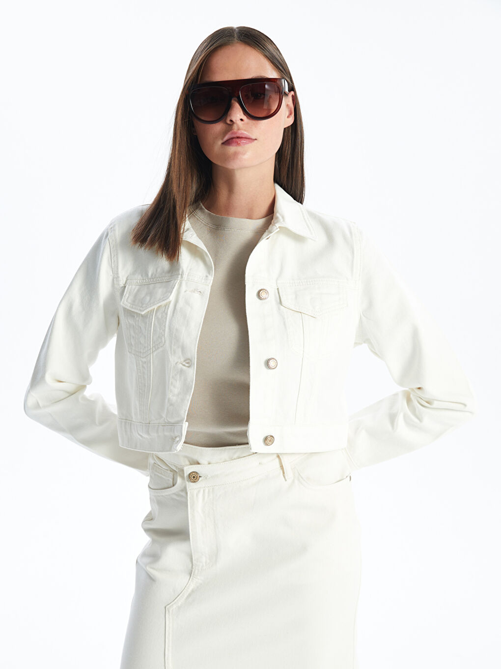 Shirt Collar Crop Women's Jean Jacketx -S4JE77Z8-844