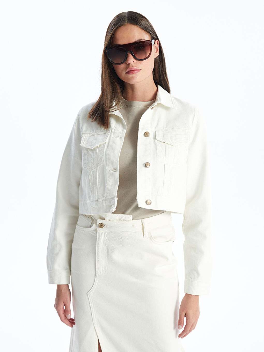 Shirt Collar Crop Women's Jean Jacketx -S4JE77Z8-844